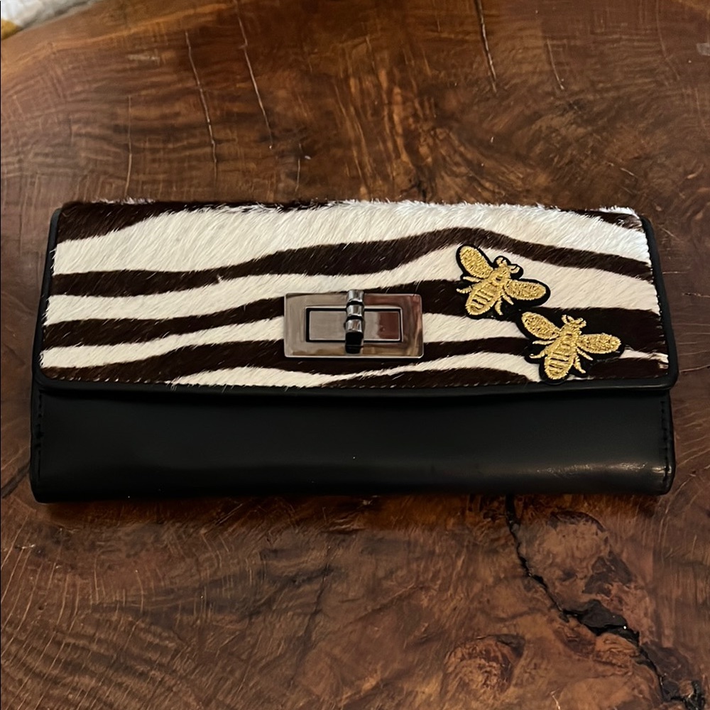 Talbots Zebra Print wallet EUC Bee appliqué and gun metal hardware